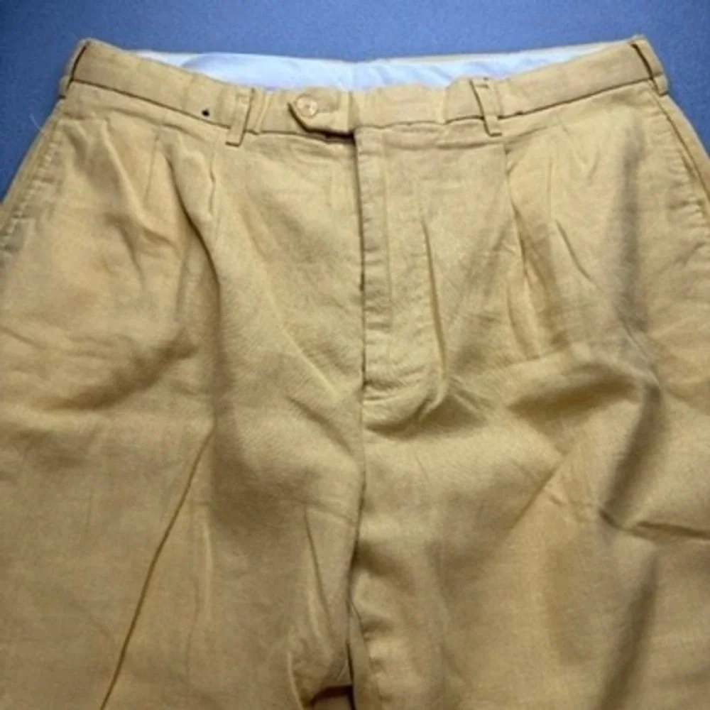 Trust Linen Blend Pleated Dress Pants Relaxed 36x30 (FIT 35x28) Yellow Trousers